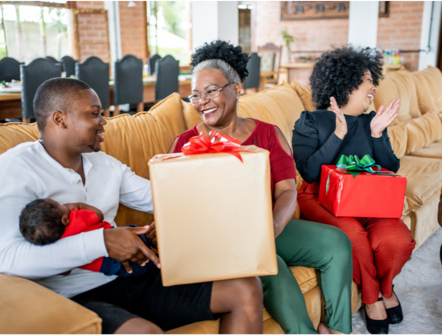 A group of people sitting on a couch with presents.