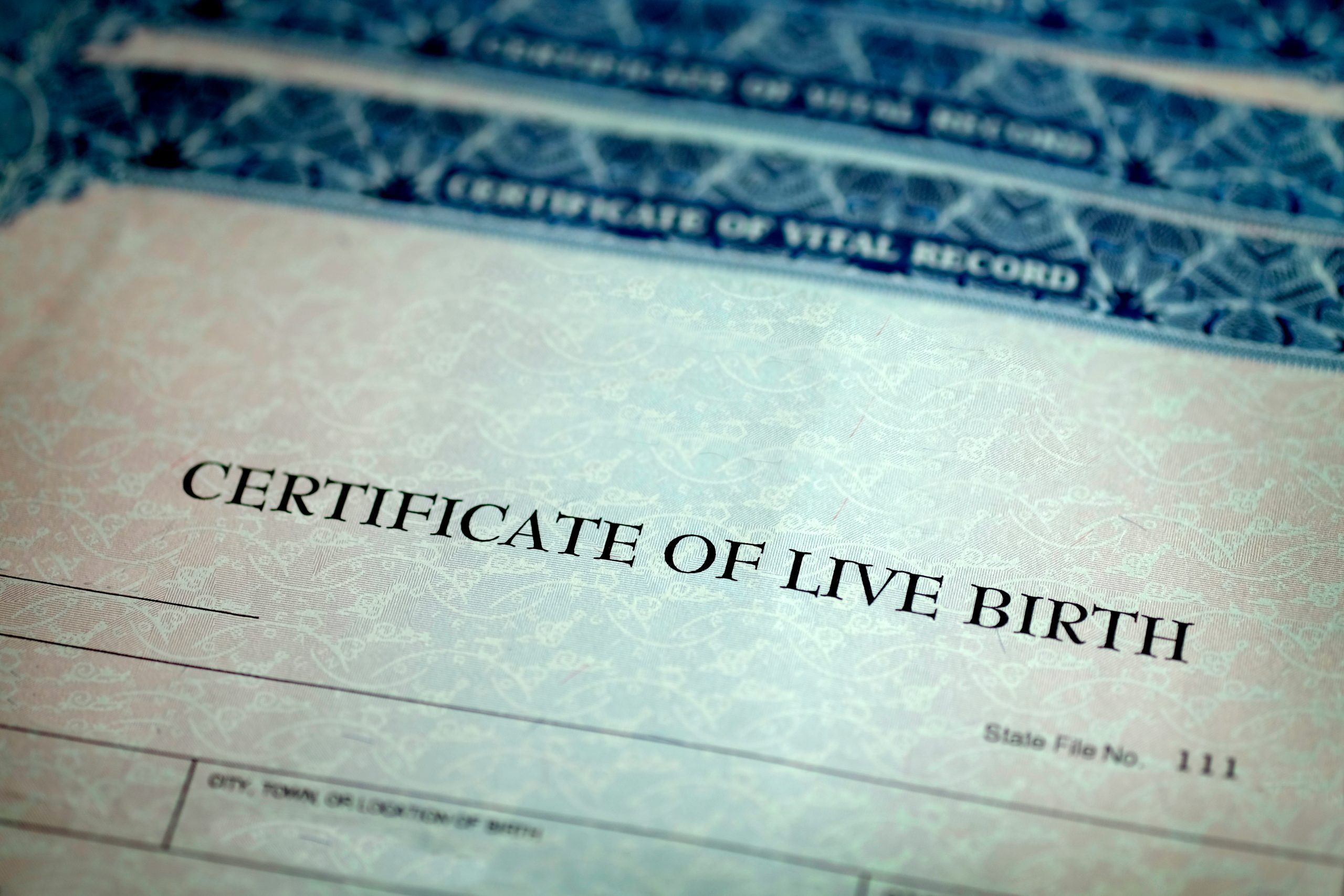 Close up of paper birth certifcate