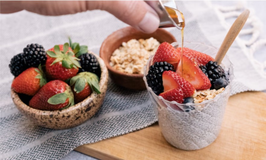 Chia pudding with strawberries and blueberries