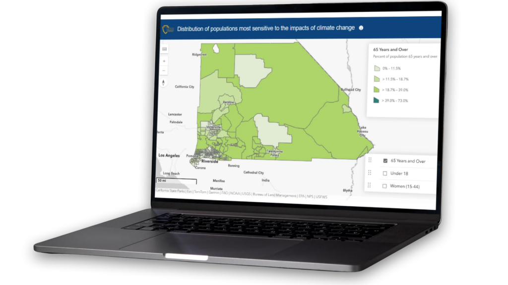 Map of San Bernardino County from the Climate Data Platform that shows which populations are most affected by climate change. The map shows rural areas are most affected by climate change in the county.