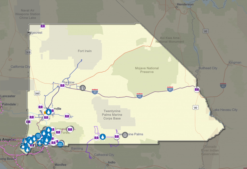 A map of San Bernardino County that features icons of Cool Places To Go that residents can visit when the temperatures rise.