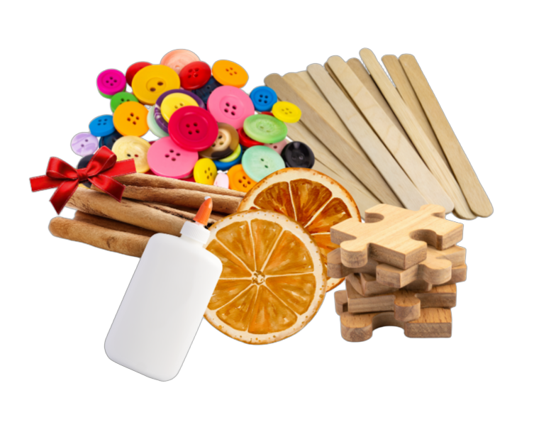Crafting supplies - Buttons, popsicle sticks, glue, dried orange slices, and puzzle pieces. 