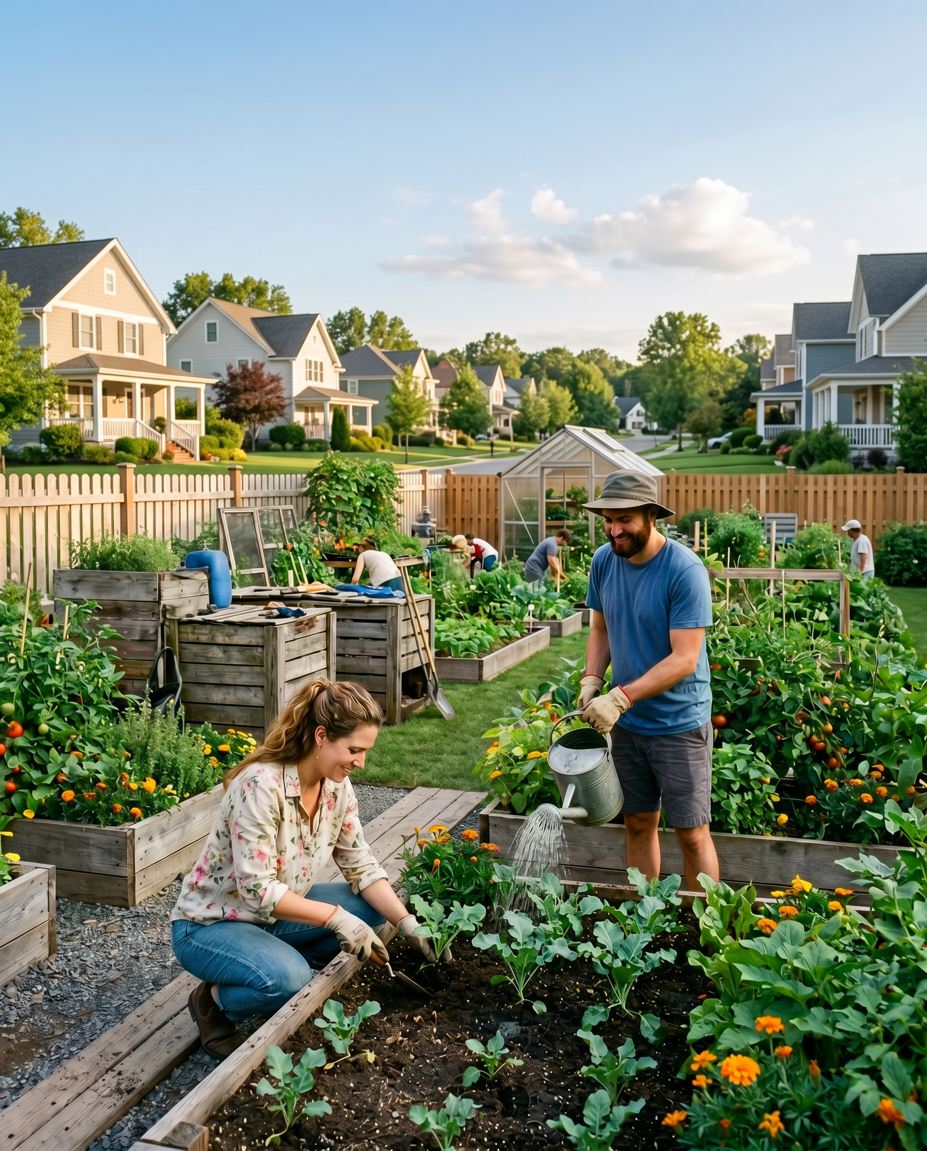 A group of people gardening in a suburbs