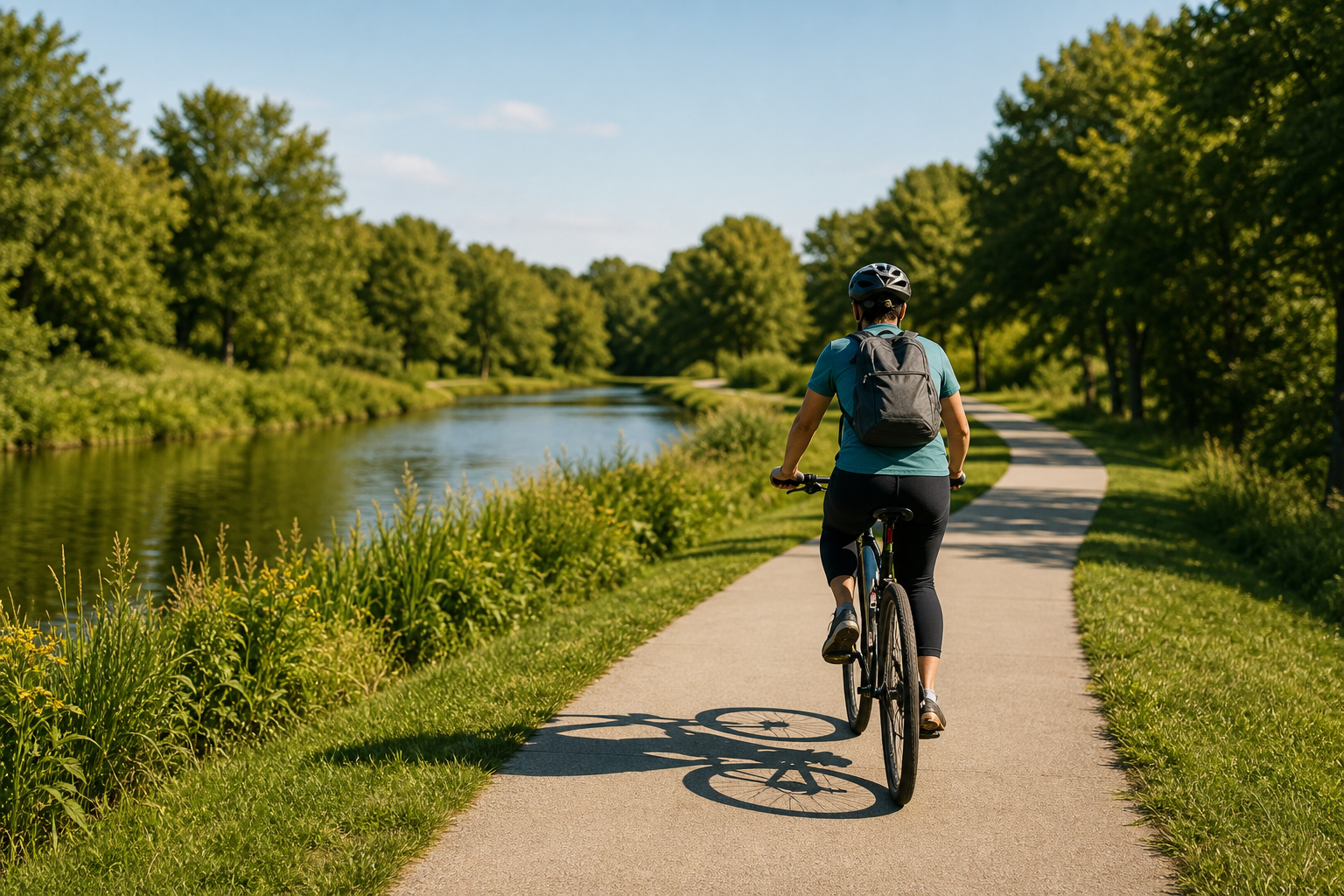 Guy riding a bike near a river