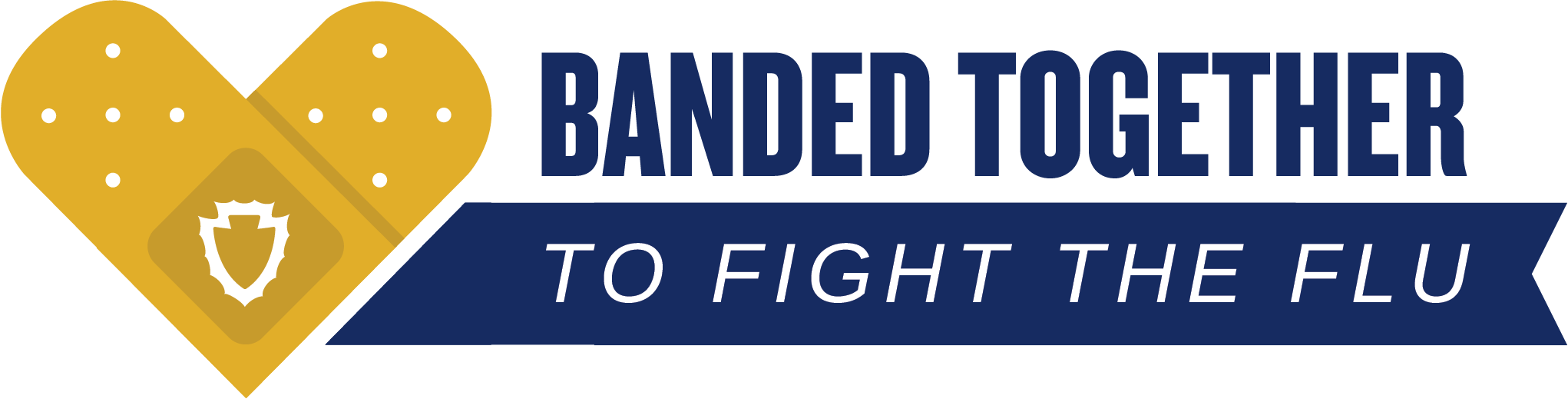a yellow heart shaped as a folded bandage with a white county arrowhead at the center. the words, "Banded together" are next to it and blow is a blue ribbon that is coming off of the side of the heart. Inside of the ribbon are the words, "To fight the flu".